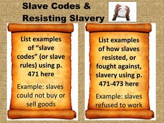 Slave Codes &  Resisting Slavery  List examples of “slave codes” (or slave rules) using p. 471 here Example: slaves  could not buy or sell goods List examples of how slaves resisted, or fought against, slavery using p. 471-473 here Example: slaves refused to work 