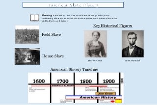 Harriet Tubman
American Slavery Timeline
Key Historical Figures
Abraham Lincoln
Slavery is defined as... the state or condition of being a slave; a civil
relationship whereby one person has absolute power over another and controls
his life, liberty, and fortune
Field Slave
House Slave
 