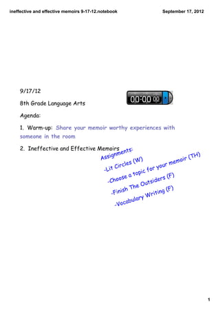 ineffectiveandeffectivememoirs9­17­12.notebook                 September17,2012




    9/17/12

    8th Grade Language Arts

    Agenda:

    1. Warm-up: Share your memoir worthy experiences with
    someone in the room

    2. Ineffective and Effective Memoirs ts:
                                          men                                     H)
                                  As sign              )                    ir (T
                                                 s (W                   emo
                                         Ci rcle                   ur m
                                   -Lit                       r yo
                                                     opi c fo
                                              eat                    (F)
                                     -C hoos               tsid
                                                                ers
                                                 Th  e Ou
                                          inish                      (F)
                                       -F                 Wr  iting
                                               abu  lary
                                         -Voc




                                                                                        1
 