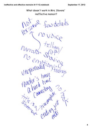 ineffectiveandeffectivememoirs9­17­12.notebook           September17,2012


                        What doesn't work in Mrs. Slavens'
                                  ineffective memoir?




                                                                                  4
 