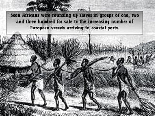 Soon Africans were rounding up slaves in groups of one, two
and three hundred for sale to the increasing number of
European vessels arriving in coastal ports.

 