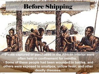 Before Shipping

• Slaves captured or purchased in the African interior were
often held in confinement for months.
• Some of these people had been wounded in battles, and
others were exposed to smallpox, yellow fever, and other
deadly diseases.

 