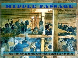 Middle Passage

• Trek from Africa to the Americas lasted 2 to 4 months

 