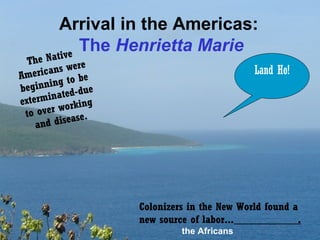 Arrival in the Americas:
The Henrietta Marie
tive

The Na ere
w
ricans
Ame
e
ing to b
beginn ed-due
t
ermina
ext
working
to over ase.
e
and dis

Land Ho!

Colonizers in the New World found a
new source of labor...____________.
the Africans

 