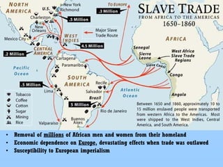 • Removal of millions of African men and women from their homeland
• Economic dependence on Europe, devastating effects when trade was outlawed
• Susceptibility to European imperialism

 