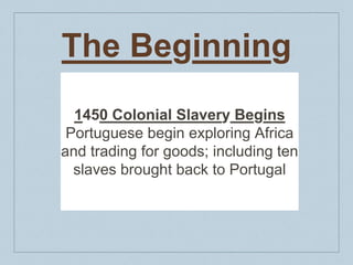 The Beginning
1450 Colonial Slavery Begins
Portuguese begin exploring Africa
and trading for goods; including ten
slaves brought back to Portugal
 