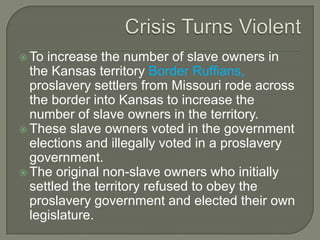 PredictionsWhat was the reaction to the Kansas Nebraska Act in the North?“Opponents of slavery called the act a ‘criminal betrayal of precious rights.’ Slavery could now spread to areas that had been free for more than 30 years. Some northerners protested by openly challenging the Fugitive Slave Act.”Do you think popular sovereignty will solve the issue of slavery?