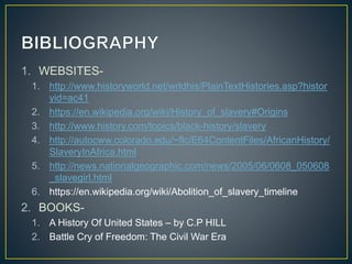 1. WEBSITES-
1. http://www.historyworld.net/wrldhis/PlainTextHistories.asp?histor
yid=ac41
2. https://en.wikipedia.org/wiki/History_of_slavery#Origins
3. http://www.history.com/topics/black-history/slavery
4. http://autocww.colorado.edu/~flc/E64ContentFiles/AfricanHistory/
SlaveryInAfrica.html
5. http://news.nationalgeographic.com/news/2005/06/0608_050608
_slavegirl.html
6. https://en.wikipedia.org/wiki/Abolition_of_slavery_timeline
2. BOOKS-
1. A History Of United States – by C.P HILL
2. Battle Cry of Freedom: The Civil War Era
 