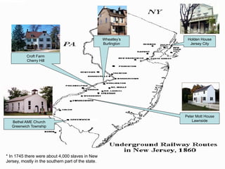 Bethel AME Church
Greenwich Township
Holden House
Jersey City
Peter Mott House
Lawnside
Croft Farm
Cherry Hill
Wheatley’s
Burlington
* In 1745 there were about 4,000 slaves in New
Jersey, mostly in the southern part of the state.
 