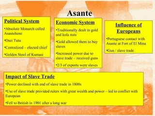 Asante
Political System
•Absolute Monarch called
Asantehene
•Osei Tutu
•Centralized – elected chief
•Golden Stool of Kumasi
Economic System
•Traditionally dealt in gold
and kola nuts
•Gold allowed them to buy
slaves
•Increased power due to
slave trade – received guns
•2/3 of exports were slaves
Influence of
Europeans
•Portuguese contact with
Asante at Fort of El Mina
•Gun / slave trade
Impact of Slave Trade
•Power declined with end of slave trade in 1800s
•Use of slave trade provided rulers with great wealth and power – led to conflict with
European
•Fell to British in 1901 after a long war
 