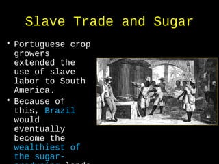Slave Trade and Sugar
• Portuguese crop
growers
extended the
use of slave
labor to South
America.
• Because of
this, Brazil
would
eventually
become the
wealthiest of
the sugar-
 