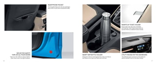 SMARTPHONE POCKET
This thoughtful feature for the rear passengers
allows them to store their smartphones safely.
REFLECTIVE SAFETY
TAPE ON ALL FOUR DOORS
Open your door safely by staying visible to
other drivers even in low light conditions.
UTILITY RECESS ON THE DASHBOARD
The additional space carved out on the dashboard
adds an aesthetic touch to the interior design.
SMART GRIP BOTTLE HOLDER
Designed to hold your beverages firmly in place, this feature
even allows you to open your bottle with one hand.
SMARTCLIP TICKET HOLDER
Placed right at the side of the windshield,
the SmartClip Ticket Holder ensures that the
required tickets are displayed without hassles.
56 57
 