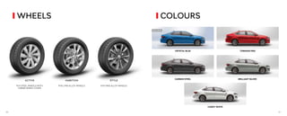 R16 LYNX ALLOY WHEELS R16 VING ALLOY WHEELS
R15 STEEL WHEELS WITH
CARME WHEEL COVER
ACTIVE AMBITION STYLE
CANDY WHITE
CARBON STEEL BRILLIANT SILVER
TORNADO RED
CRYSTAL BLUE
WHEELS COLOURS
EXCLUSIVE
60 61
 
