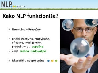 Kako NLP funkcioniše?

  • Normalno = Prosečno

  • Raditi kreativno, motivisano,
    efikasno, inteligentno,
    produktivno … uspešno
  • Živeti sredno i zadovoljno

  • Iskoračiti u nadprosečno


                                    www.nlpinstitut.com
 