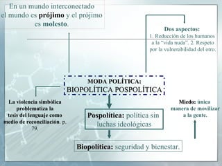 MODA POLÍTICA: BIOPOLÍTICA POSPOLÍTICA Pospolítica:   política sin  luchas ideológicas Biopolítica:   seguridad y bienestar. Miedo:   única  manera de movilizar a la gente. Dos aspectos:   1. Reducción de los humanos  a la “vida nuda”. 2. Respeto por la vulnerabilidad del otro. En un mundo interconectado el mundo es  prójimo  y el prójimo es  molesto . La violencia simbólica problematiza la tesis del lenguaje como medio de reconciliación . p. 79. 