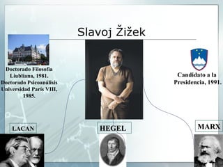 Slavoj  Žižek LACAN HEGEL MARX Doctorado Filosofía Liubliana, 1981. Doctorado Psicoanálisis Universidad París VIII, 1985. Candidato a la  Presidencia, 1991. 