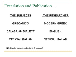 Translation and Publication …

     THE SUBJECTS                           THE RESEARCHER

       GRECANICO               ...