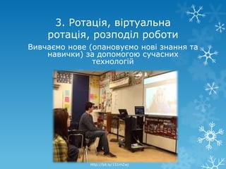 3. Ротація, віртуальна
    ротація, розподіл роботи
Вивчаємо нове (опановуємо нові знання та
    навички) за допомогою сучасних
               технологій




              http://bit.ly/151mZwj
 