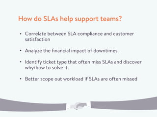 How do SLAs help support teams?
Correlate between SLA compliance and customer
satisfaction
Analyze the ﬁnancial impact of downtimes.
Identify ticket type that often miss SLAs and discover
why/how to solve it.
Better scope out workload if SLAs are often missed
 