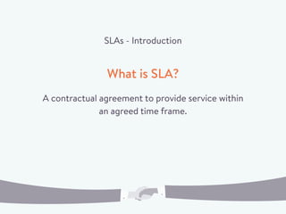 SLAs - Introduction
A contractual agreement to provide service within
an agreed time frame.
What is SLA?
 