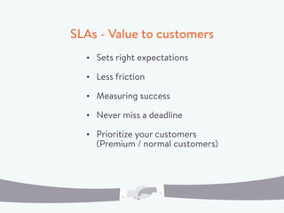 SLAs - Value to customers
Sets right expectations
Less friction
Measuring success
Never miss a deadline
Prioritize your customers
(Premium / normal customers)
 