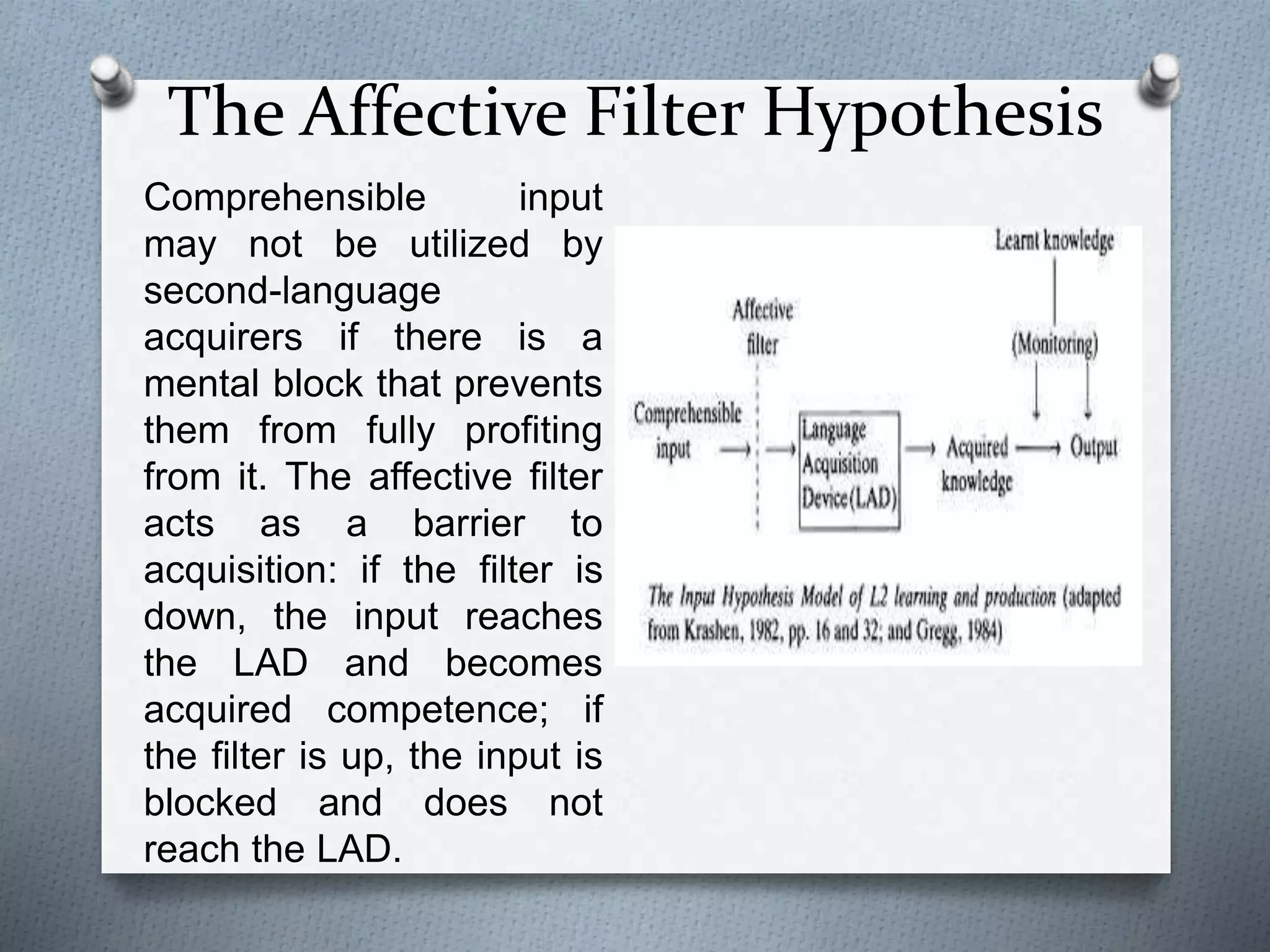 The Affective Filter Hypothesis 
Comprehensible input 
may not be utilized by 
second-language 
acquirers if there is a 
mental block that prevents 
them from fully profiting 
from it. The affective filter 
acts as a barrier to 
acquisition: if the filter is 
down, the input reaches 
the LAD and becomes 
acquired competence; if 
the filter is up, the input is 
blocked and does not 
reach the LAD. 
 