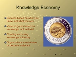 4
Knowledge EconomyKnowledge Economy
Success based on what you
know, not what you own
Value of goods based on
knowledge, n...