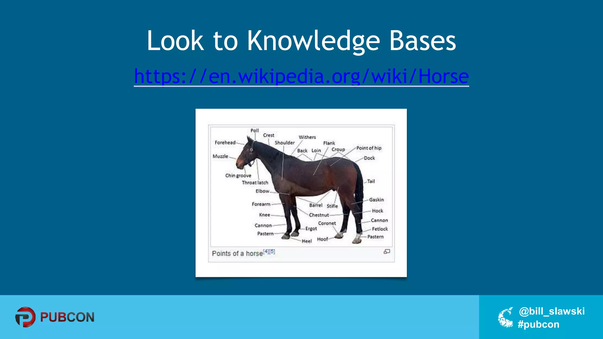 #pubcon
@bill_slawski
Look to Knowledge Bases
https://en.wikipedia.org/wiki/Horse
 