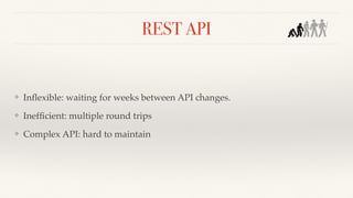REST API
❖ Inﬂexible: waiting for weeks between API changes.
❖ Inefﬁcient: multiple round trips
❖ Complex API: hard to maintain
 