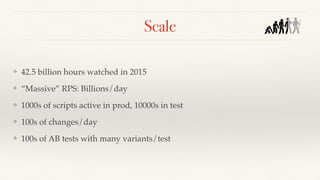 Scale
❖ 42.5 billion hours watched in 2015
❖ “Massive” RPS: Billions/day
❖ 1000s of scripts active in prod, 10000s in test
❖ 100s of changes/day
❖ 100s of AB tests with many variants/test
 