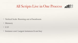 All Scripts Live in One Process
❖ Vertical Scale: Running out of headroom
❖ Memory
❖ I/O
❖ Instance cost: Largest instances $ can buy
 