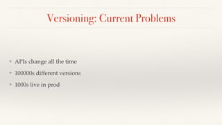 Versioning: Current Problems
❖ APIs change all the time
❖ 100000s different versions
❖ 1000s live in prod
 