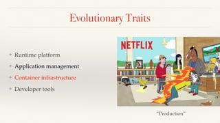 Evolutionary Traits
❖ Runtime platform
❖ Application management
❖ Container infrastructure
❖ Developer tools
“Production”
 