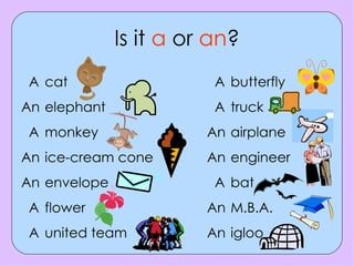 Is it  a  or  an ? cat elephant monkey ice-cream cone envelope flower united team butterfly truck airplane engineer bat M.B.A. igloo A An A An An A A A A An An A An An 