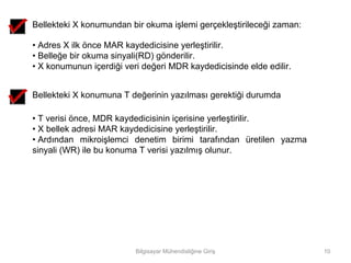 Bellekteki X konumundan bir okuma işlemi gerçekleştirileceği zaman:

• Adres X ilk önce MAR kaydedicisine yerleştirilir.
• Belleğe bir okuma sinyali(RD) gönderilir.
• X konumunun içerdiği veri değeri MDR kaydedicisinde elde edilir.


Bellekteki X konumuna T değerinin yazılması gerektiği durumda

• T verisi önce, MDR kaydedicisinin içerisine yerleştirilir.
• X bellek adresi MAR kaydedicisine yerleştirilir.
• Ardından mikroişlemci denetim birimi tarafından üretilen yazma
sinyali (WR) ile bu konuma T verisi yazılmış olunur.




                          Bilgisayar Mühendisliğine Giriş             10
 