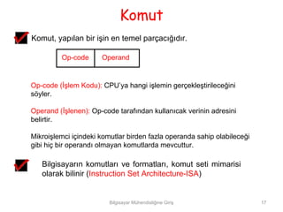 Komut
Komut, yapılan bir işin en temel parçacığıdır.

         Op-code      Operand


Op-code (İşlem Kodu): CPU’ya hangi işlemin gerçekleştirileceğini
söyler.

Operand (İşlenen): Op-code tarafından kullanıcak verinin adresini
belirtir.

Mikroişlemci içindeki komutlar birden fazla operanda sahip olabileceği
gibi hiç bir operandı olmayan komutlarda mevcuttur.

   Bilgisayarın komutları ve formatları, komut seti mimarisi
   olarak bilinir (Instruction Set Architecture-ISA)


                         Bilgisayar Mühendisliğine Giriş                 17
 