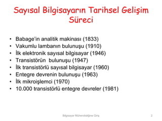 Sayısal Bilgisayarın Tarihsel Gelişim
                   Süreci

•   Babage’in analitik makinası (1833)
•   Vakumlu lambanın bulunuşu (1910)
•   İlk elektronik sayısal bilgisayar (1946)
•   Transistörün bulunuşu (1947)
•   İlk transistörlü sayısal bilgisayar (1960)
•   Entegre devrenin bulunuşu (1963)
•   İlk mikroişlemci (1970)
•   10.000 transistörlü entegre devreler (1981)



                       Bilgisayar Mühendisliğine Giriş   2
 