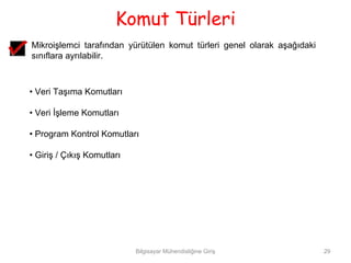 Komut Türleri
Mikroişlemci tarafından yürütülen komut türleri genel olarak aşağıdaki
sınıflara ayrılabilir.



• Veri Taşıma Komutları

• Veri İşleme Komutları

• Program Kontrol Komutları

• Giriş / Çıkış Komutları




                            Bilgisayar Mühendisliğine Giriş              29
 