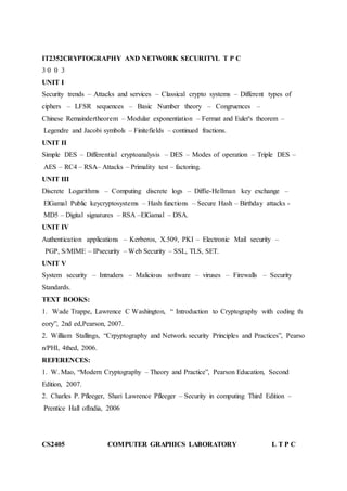 IT2352CRYPTOGRAPHY AND NETWORK SECURITYL T P C
3 0 0 3
UNIT I
Security trends – Attacks and services – Classical crypto systems – Different types of
ciphers – LFSR sequences – Basic Number theory – Congruences –
Chinese Remaindertheorem – Modular exponentiation – Fermat and Euler's theorem –
Legendre and Jacobi symbols – Finitefields – continued fractions.
UNIT II
Simple DES – Differential cryptoanalysis – DES – Modes of operation – Triple DES –
AES – RC4 – RSA– Attacks – Primality test – factoring.
UNIT III
Discrete Logarithms – Computing discrete logs – Diffie-Hellman key exchange –
ElGamal Public keycryptosystems – Hash functions – Secure Hash – Birthday attacks -
MD5 – Digital signatures – RSA –ElGamal – DSA.
UNIT IV
Authentication applications – Kerberos, X.509, PKI – Electronic Mail security –
PGP, S/MIME – IPsecurity – Web Security – SSL, TLS, SET.
UNIT V
System security – Intruders – Malicious software – viruses – Firewalls – Security
Standards.
TEXT BOOKS:
1. Wade Trappe, Lawrence C Washington, “ Introduction to Cryptography with coding th
eory”, 2nd ed,Pearson, 2007.
2. William Stallings, “Crpyptography and Network security Principles and Practices”, Pearso
n/PHI, 4thed, 2006.
REFERENCES:
1. W. Mao, “Modern Cryptography – Theory and Practice”, Pearson Education, Second
Edition, 2007.
2. Charles P. Pfleeger, Shari Lawrence Pfleeger – Security in computing Third Edition –
Prentice Hall ofIndia, 2006
CS2405 COMPUTER GRAPHICS LABORATORY L T P C
 