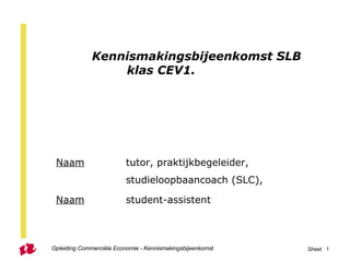 Kennismakingsbijeenkomst SLB klas CEV1. Naam   tutor, praktijkbegeleider,      studieloopbaancoach (SLC),  Naam   student-assistent  