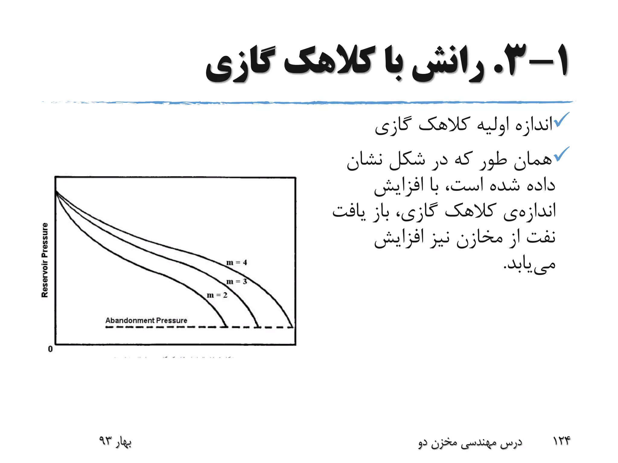 1-3.‫گازی‬ ‫کالهک‬ ‫با‬ ‫رانش‬
‫گازی‬ ‫کالهک‬ ‫اولیه‬ ‫اندازه‬
‫نشان‬ ‫شکل‬ ‫در‬ ‫که‬ ‫طور‬ ‫همان‬
‫افزایش‬ ‫با‬ ،‫است‬ ‫شده‬ ‫داده‬
‫اندازه‬‫ی‬‫یافت‬ ‫باز‬ ،‫گازی‬ ‫کالهک‬
‫افزایش‬ ‫نیز‬ ‫مخازن‬ ‫از‬ ‫نفت‬
‫می‬‫یابد‬.
‫بهار‬93 ‫دو‬ ‫مخزن‬ ‫مهندسی‬ ‫درس‬ 124
 