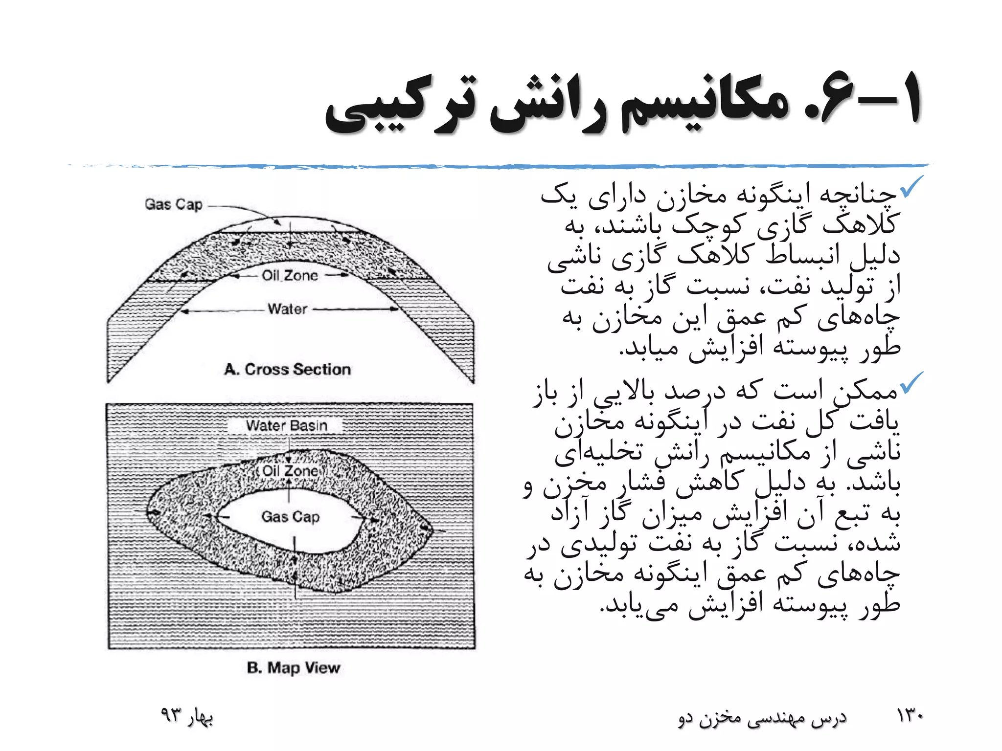 1-6.‫ترکیبی‬ ‫رانش‬ ‫مکانیسم‬
‫یک‬ ‫دارای‬ ‫مخازن‬ ‫اینگونه‬ ‫چنانچه‬
‫به‬ ،‫باشند‬ ‫کوچک‬ ‫گازی‬ ‫کالهک‬
‫ناش‬ ‫گازی‬ ‫کالهک‬ ‫انبساط‬ ‫دلیل‬‫ی‬
‫ن‬ ‫به‬ ‫گاز‬ ‫نسبت‬ ،‫نفت‬ ‫تولید‬ ‫از‬‫فت‬
‫چاه‬‫به‬ ‫مخازن‬ ‫این‬ ‫عمق‬ ‫کم‬ ‫های‬
‫میابد‬ ‫افزایش‬ ‫پیوسته‬ ‫طور‬.
‫ب‬ ‫از‬ ‫باالیی‬ ‫درصد‬ ‫که‬ ‫است‬ ‫ممکن‬‫از‬
‫مخاز‬ ‫اینگونه‬ ‫در‬ ‫نفت‬ ‫کل‬ ‫یافت‬‫ن‬
‫رانش‬ ‫مکانیسم‬ ‫از‬ ‫ناشی‬‫تخلیه‬‫ای‬
‫باشد‬.‫مخز‬ ‫فشار‬ ‫کاهش‬ ‫دلیل‬ ‫به‬‫و‬ ‫ن‬
‫آزاد‬ ‫گاز‬ ‫میزان‬ ‫افزایش‬ ‫آن‬ ‫تبع‬ ‫به‬
‫تولی‬ ‫نفت‬ ‫به‬ ‫گاز‬ ‫نسبت‬ ،‫شده‬‫در‬ ‫دی‬
‫چاه‬‫به‬ ‫مخازن‬ ‫اینگونه‬ ‫عمق‬ ‫کم‬ ‫های‬
‫می‬ ‫افزایش‬ ‫پیوسته‬ ‫طور‬‫یابد‬.
‫بهار‬93 ‫دو‬ ‫مخزن‬ ‫مهندسی‬ ‫درس‬ 130
 