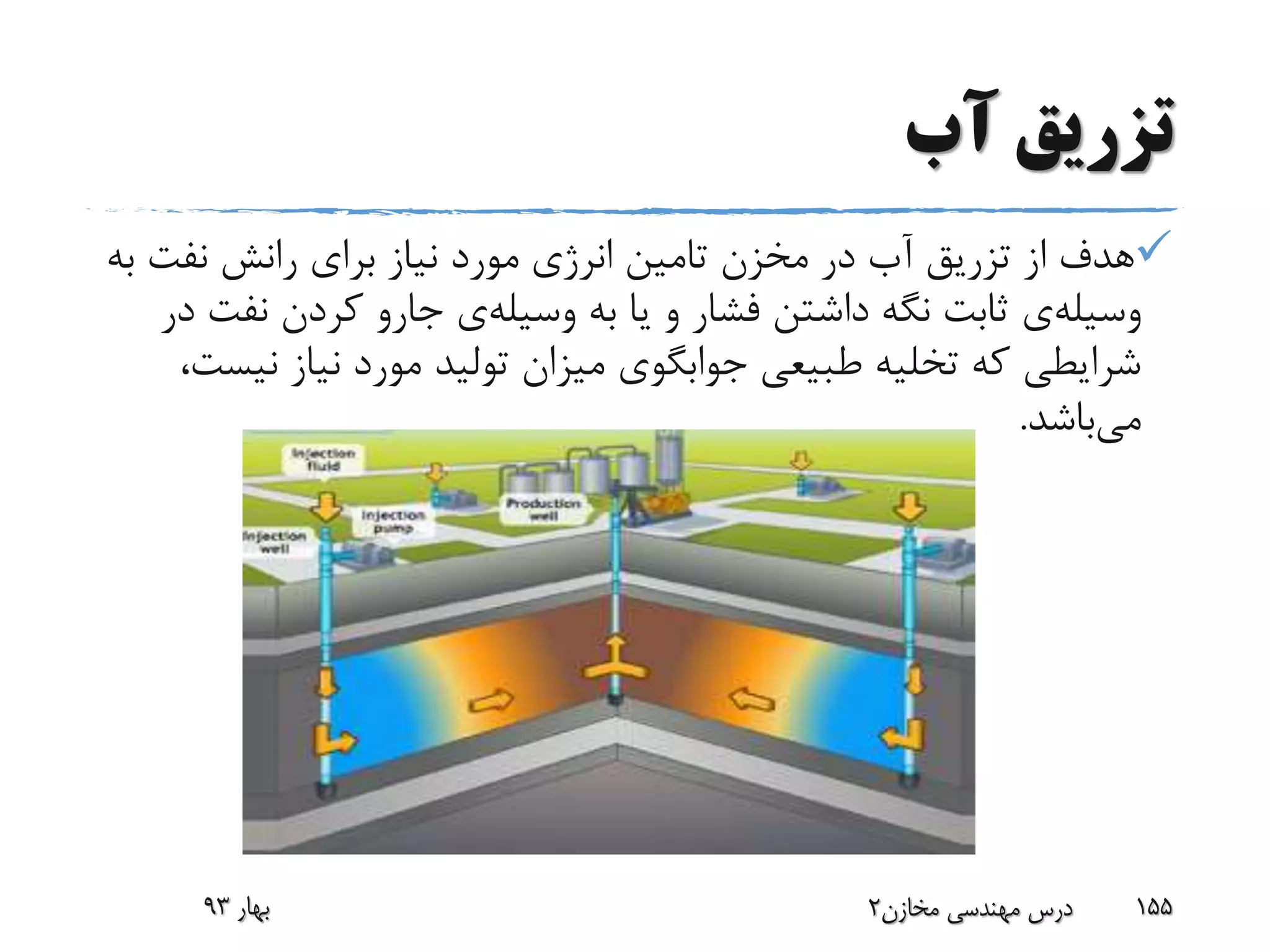 ‫آب‬ ‫تزریق‬
‫نفت‬ ‫رانش‬ ‫برای‬ ‫نیاز‬ ‫مورد‬ ‫انرژی‬ ‫تامین‬ ‫مخزن‬ ‫در‬ ‫آب‬ ‫تزریق‬ ‫از‬ ‫هدف‬‫به‬
‫وسیله‬‫ی‬‫به‬ ‫یا‬ ‫و‬ ‫فشار‬ ‫داشتن‬ ‫نگه‬ ‫ثابت‬‫وسیله‬‫ی‬‫نف‬ ‫کردن‬ ‫جارو‬‫در‬ ‫ت‬
‫ن‬ ‫نیاز‬ ‫مورد‬ ‫تولید‬ ‫میزان‬ ‫جوابگوی‬ ‫طبیعی‬ ‫تخلیه‬ ‫که‬ ‫شرایطی‬،‫یست‬
‫می‬‫باشد‬.
‫بهار‬93 ‫مخازن‬ ‫مهندسی‬ ‫درس‬2 155
 