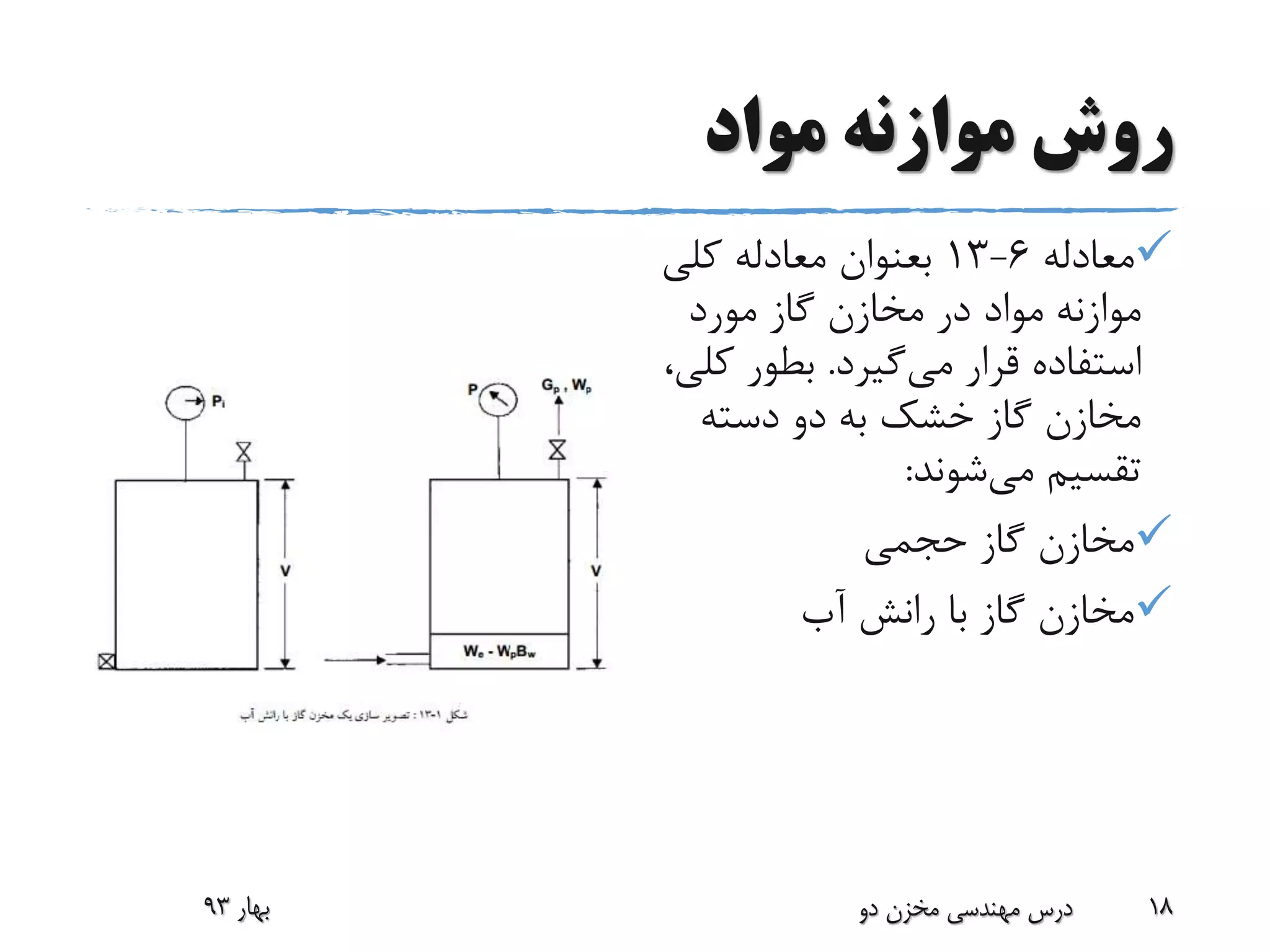 ‫مواد‬ ‫موازنه‬ ‫روش‬
‫معادله‬6-13‫بعنوان‬‫کلی‬ ‫معادله‬
‫مورد‬ ‫گاز‬ ‫مخازن‬ ‫در‬ ‫مواد‬ ‫موازنه‬
‫می‬ ‫قرار‬ ‫استفاده‬‫گیرد‬.‫ک‬ ‫بطور‬،‫لی‬
‫دسته‬ ‫دو‬ ‫به‬ ‫خشک‬ ‫گاز‬ ‫مخازن‬
‫می‬ ‫تقسیم‬‫شوند‬:
‫حجمی‬ ‫گاز‬ ‫مخازن‬
‫آب‬ ‫رانش‬ ‫با‬ ‫گاز‬ ‫مخازن‬
‫بهار‬93 ‫دو‬ ‫مخزن‬ ‫مهندسی‬ ‫درس‬ 18
 