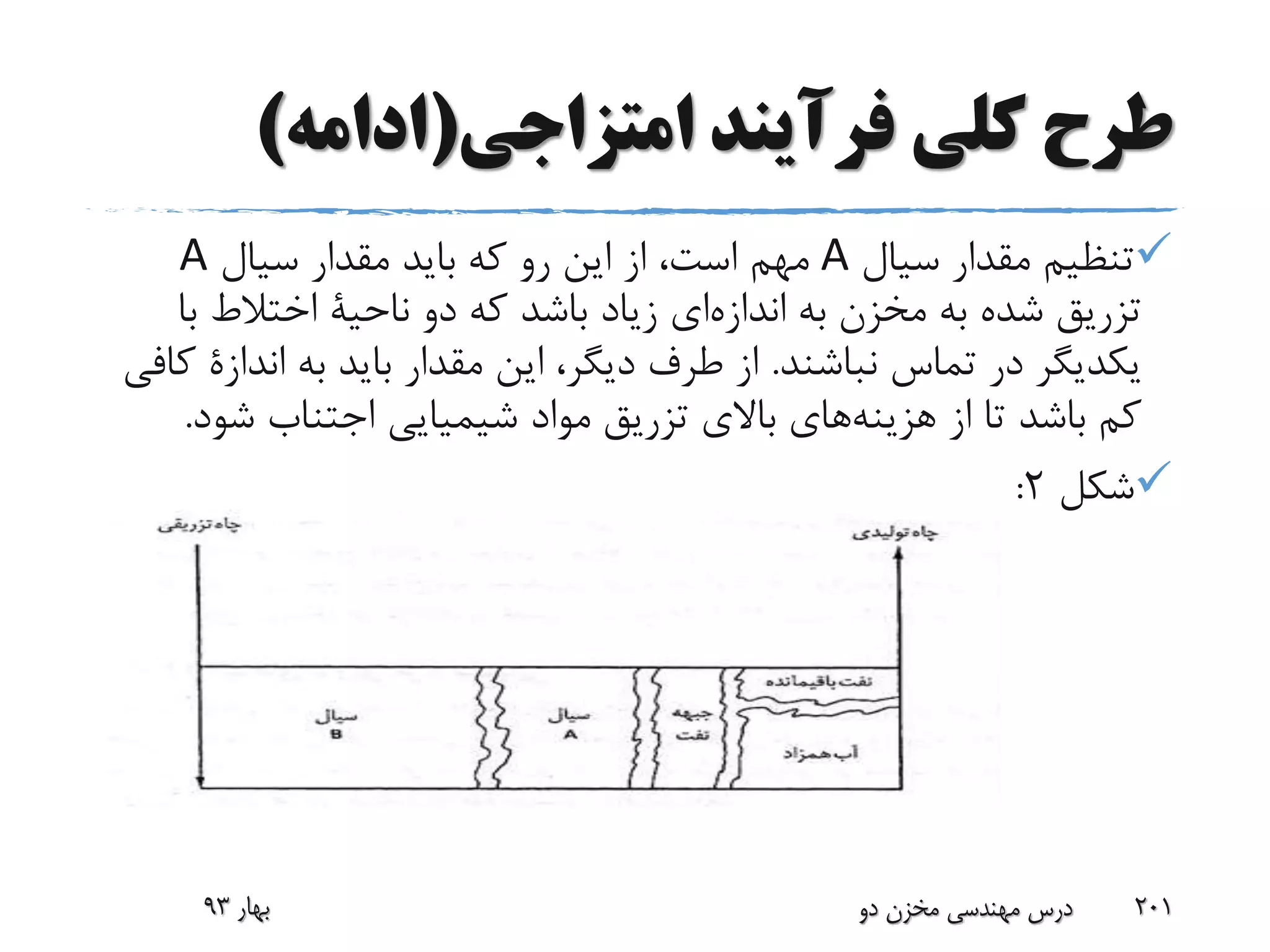 ‫امتزاجی‬ ‫فرآیند‬ ‫کلی‬ ‫طرح‬(‫ادامه‬)
‫سیال‬ ‫مقدار‬ ‫تنظیم‬A‫سیال‬ ‫مقدار‬ ‫باید‬ ‫که‬ ‫رو‬ ‫این‬ ‫از‬ ،‫است‬ ‫مهم‬A
‫به‬ ‫مخزن‬ ‫به‬ ‫شده‬ ‫تزریق‬‫ای‬‫اندازه‬‫دو‬ ‫که‬ ‫باشد‬ ‫زیاد‬‫ناحیة‬‫ب‬ ‫اختالط‬‫ا‬
‫نباشند‬ ‫تماس‬ ‫در‬ ‫یکدیگر‬.‫به‬ ‫باید‬ ‫مقدار‬ ‫این‬ ،‫دیگر‬ ‫طرف‬ ‫از‬‫اند‬‫ازة‬‫کافی‬
‫از‬ ‫تا‬ ‫باشد‬ ‫کم‬‫های‬‫هزینه‬‫شو‬ ‫اجتناب‬ ‫شیمیایی‬ ‫مواد‬ ‫تزریق‬ ‫باالی‬‫د‬.
‫شکل‬2:
‫بهار‬93 ‫دو‬ ‫مخزن‬ ‫مهندسی‬ ‫درس‬ 201
 