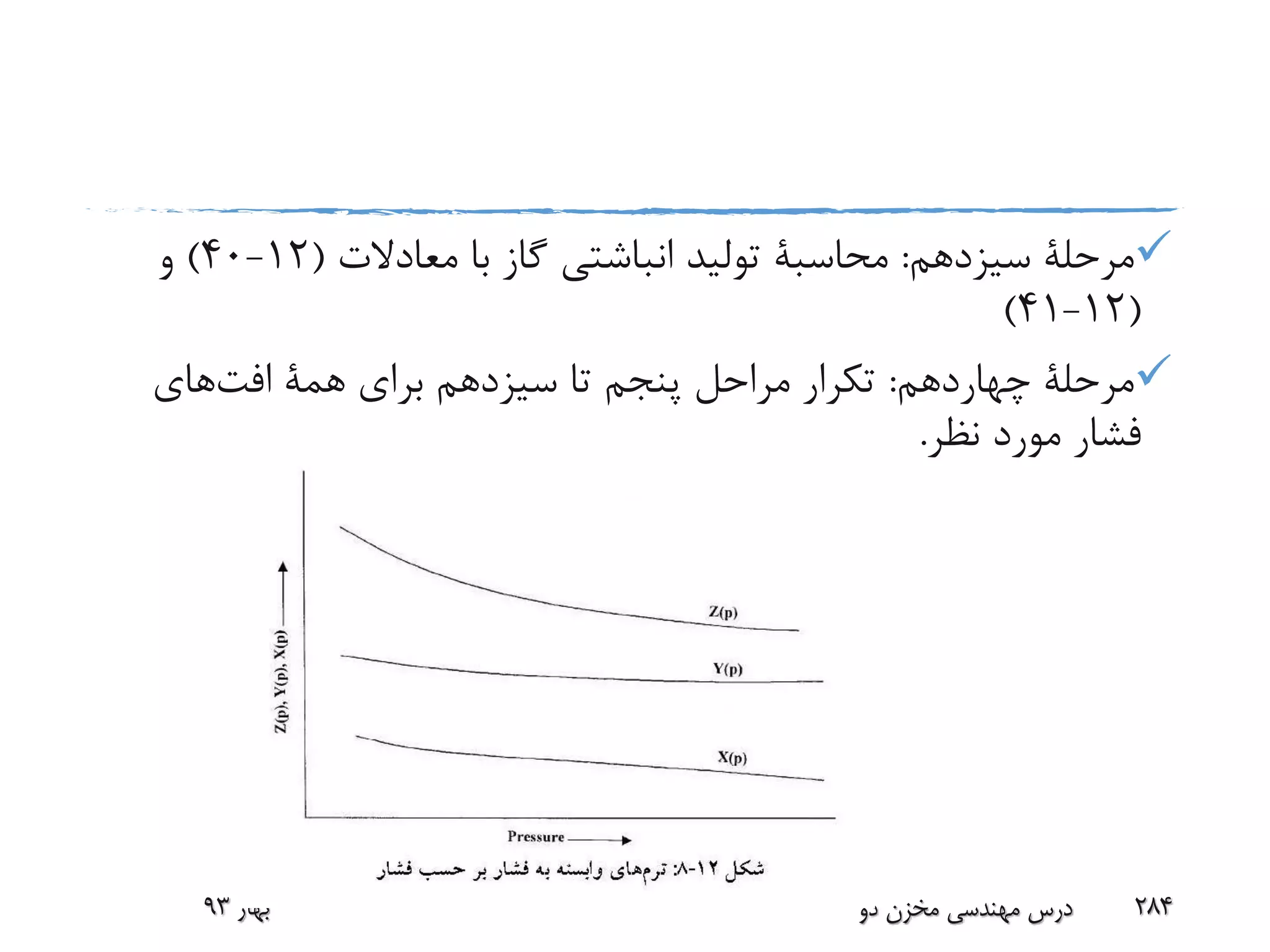 ‫سیزدهم‬ ‫مرحلة‬:‫محاسبة‬‫معادالت‬ ‫با‬ ‫گاز‬ ‫انباشتی‬ ‫تولید‬(12-40)‫و‬
(12-41)
‫چهاردهم‬ ‫مرحلة‬:‫همة‬ ‫برای‬ ‫سیزدهم‬ ‫تا‬ ‫پنجم‬ ‫مراحل‬ ‫تکرار‬‫افت‬‫های‬
‫نظر‬ ‫مورد‬ ‫فشار‬.
‫بهار‬93 ‫دو‬ ‫مخزن‬ ‫مهندسی‬ ‫درس‬ 284
 