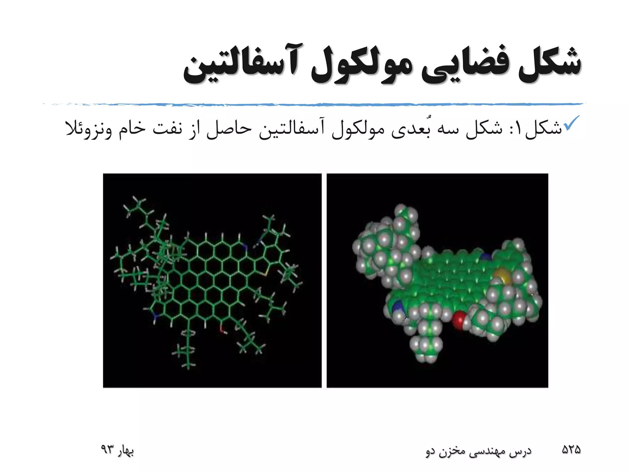 ‫آسفالتین‬ ‫مولکول‬ ‫فضایی‬ ‫شکل‬
‫شکل‬1:‫ون‬ ‫خام‬ ‫نفت‬ ‫از‬ ‫حاصل‬ ‫آسفالتین‬ ‫مولکول‬ ‫ُعدى‬‫ب‬ ‫سه‬ ‫شکل‬‫زوئال‬
‫بهار‬93 ‫دو‬ ‫مخزن‬ ‫مهندسی‬ ‫درس‬ 525
 