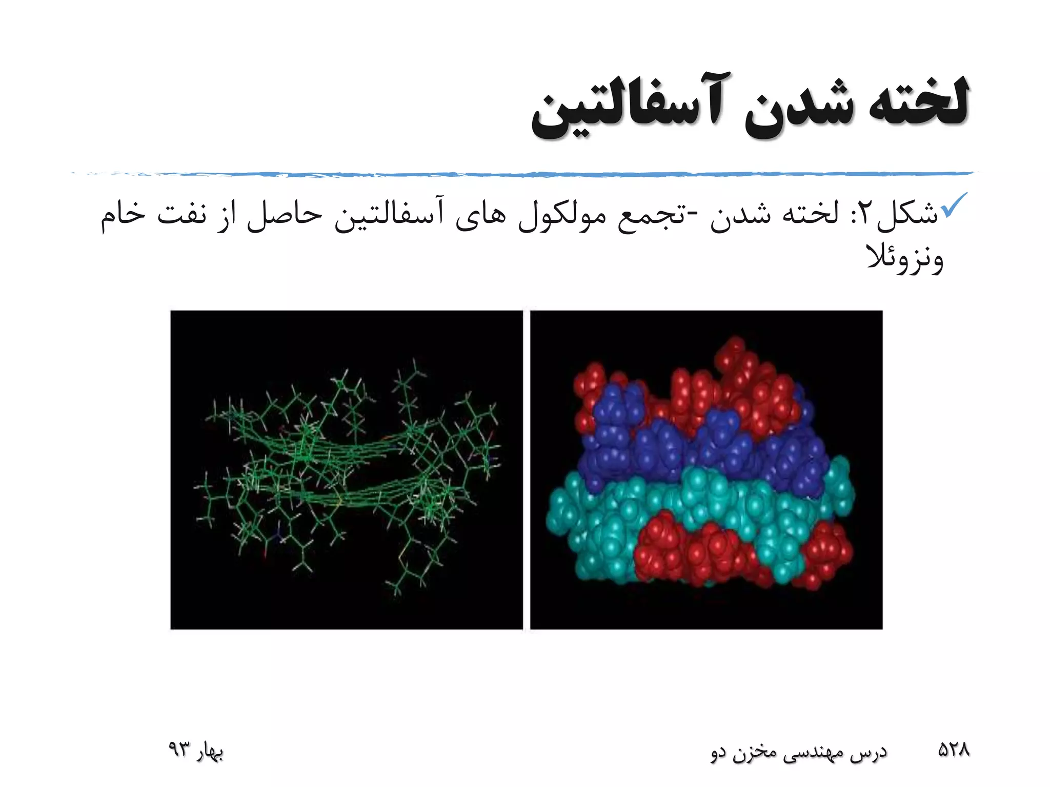 ‫آسفالتین‬ ‫شدن‬ ‫لخته‬
‫شکل‬2:‫شدن‬ ‫لخته‬-‫خام‬ ‫نفت‬ ‫از‬ ‫حاصل‬ ‫آسفالتین‬ ‫هاى‬ ‫مولکول‬ ‫تجمع‬
‫ونزوئال‬
‫بهار‬93 ‫دو‬ ‫مخزن‬ ‫مهندسی‬ ‫درس‬ 528
 