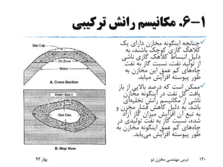 1-6.‫ترکیبی‬ ‫رانش‬ ‫مکانیسم‬
‫یک‬ ‫دارای‬ ‫مخازن‬ ‫اینگونه‬ ‫چنانچه‬
‫به‬ ،‫باشند‬ ‫کوچک‬ ‫گازی‬ ‫کالهک‬
‫ناش‬ ‫گازی‬ ‫کالهک‬ ‫انبساط‬ ‫دلیل‬‫ی‬
‫ن‬ ‫به‬ ‫گاز‬ ‫نسبت‬ ،‫نفت‬ ‫تولید‬ ‫از‬‫فت‬
‫چاه‬‫به‬ ‫مخازن‬ ‫این‬ ‫عمق‬ ‫کم‬ ‫های‬
‫میابد‬ ‫افزایش‬ ‫پیوسته‬ ‫طور‬.
‫ب‬ ‫از‬ ‫باالیی‬ ‫درصد‬ ‫که‬ ‫است‬ ‫ممکن‬‫از‬
‫مخاز‬ ‫اینگونه‬ ‫در‬ ‫نفت‬ ‫کل‬ ‫یافت‬‫ن‬
‫رانش‬ ‫مکانیسم‬ ‫از‬ ‫ناشی‬‫تخلیه‬‫ای‬
‫باشد‬.‫مخز‬ ‫فشار‬ ‫کاهش‬ ‫دلیل‬ ‫به‬‫و‬ ‫ن‬
‫آزاد‬ ‫گاز‬ ‫میزان‬ ‫افزایش‬ ‫آن‬ ‫تبع‬ ‫به‬
‫تولی‬ ‫نفت‬ ‫به‬ ‫گاز‬ ‫نسبت‬ ،‫شده‬‫در‬ ‫دی‬
‫چاه‬‫به‬ ‫مخازن‬ ‫اینگونه‬ ‫عمق‬ ‫کم‬ ‫های‬
‫می‬ ‫افزایش‬ ‫پیوسته‬ ‫طور‬‫یابد‬.
‫بهار‬93 ‫دو‬ ‫مخزن‬ ‫مهندسی‬ ‫درس‬ 130
 
