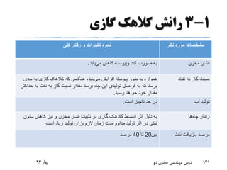 1-3‫گازی‬ ‫کالهک‬ ‫رانش‬
‫نظر‬ ‫مورد‬ ‫مشخصات‬‫کلی‬ ‫رفتار‬ ‫و‬ ‫تغییرات‬ ‫نحوه‬
‫فشار‬‫مخزن‬‫کند‬ ‫صورت‬ ‫به‬‫وپیوسته‬‫می‬ ‫کاهش‬‫یابد‬.
‫نفت‬ ‫به‬ ‫گاز‬ ‫نسبت‬‫همواره‬‫می‬ ‫افزایش‬ ‫پیوسته‬ ‫طور‬ ‫به‬‫ح‬ ‫به‬ ‫گازی‬ ‫کالهک‬ ‫که‬ ‫هنگامی‬ ،‫یابد‬‫دی‬
‫نفت‬ ‫به‬ ‫گاز‬ ‫نسبت‬ ‫مقدار‬ ‫برسد‬ ‫چاه‬ ‫این‬ ‫تولیدی‬ ‫فواصل‬ ‫به‬ ‫که‬ ‫برسد‬‫حداکثر‬ ‫به‬
‫رسید‬ ‫خواهد‬ ‫خود‬ ‫مقدار‬.
‫آب‬ ‫تولید‬‫است‬ ‫ناچیز‬ ‫حد‬ ‫در‬.
‫چاه‬ ‫رفتار‬‫ها‬‫به‬‫کاه‬ ‫نیز‬ ‫و‬ ‫مخزن‬ ‫فشار‬ ‫تثبیت‬ ‫بر‬ ‫گازی‬ ‫کالهک‬ ‫انبساط‬ ‫اثر‬ ‫دلیل‬‫ستون‬ ‫ش‬
‫است‬ ‫زیاد‬ ‫تولید‬ ‫بزای‬ ‫الزم‬ ‫زمان‬ ‫مدت‬ ‫مداوم‬ ‫تولید‬ ‫اثر‬ ‫در‬ ‫نفتی‬.
‫نفت‬ ‫بازیافت‬ ‫درصد‬‫بین‬20‫تا‬40‫درصد‬
‫بهار‬93 ‫دو‬ ‫مخزن‬ ‫مهندسی‬ ‫درس‬ 141
 